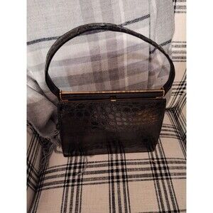 Vintage Bellestone Black Alligator 1950's Style Handbag Purse -‎ Brass Hardware